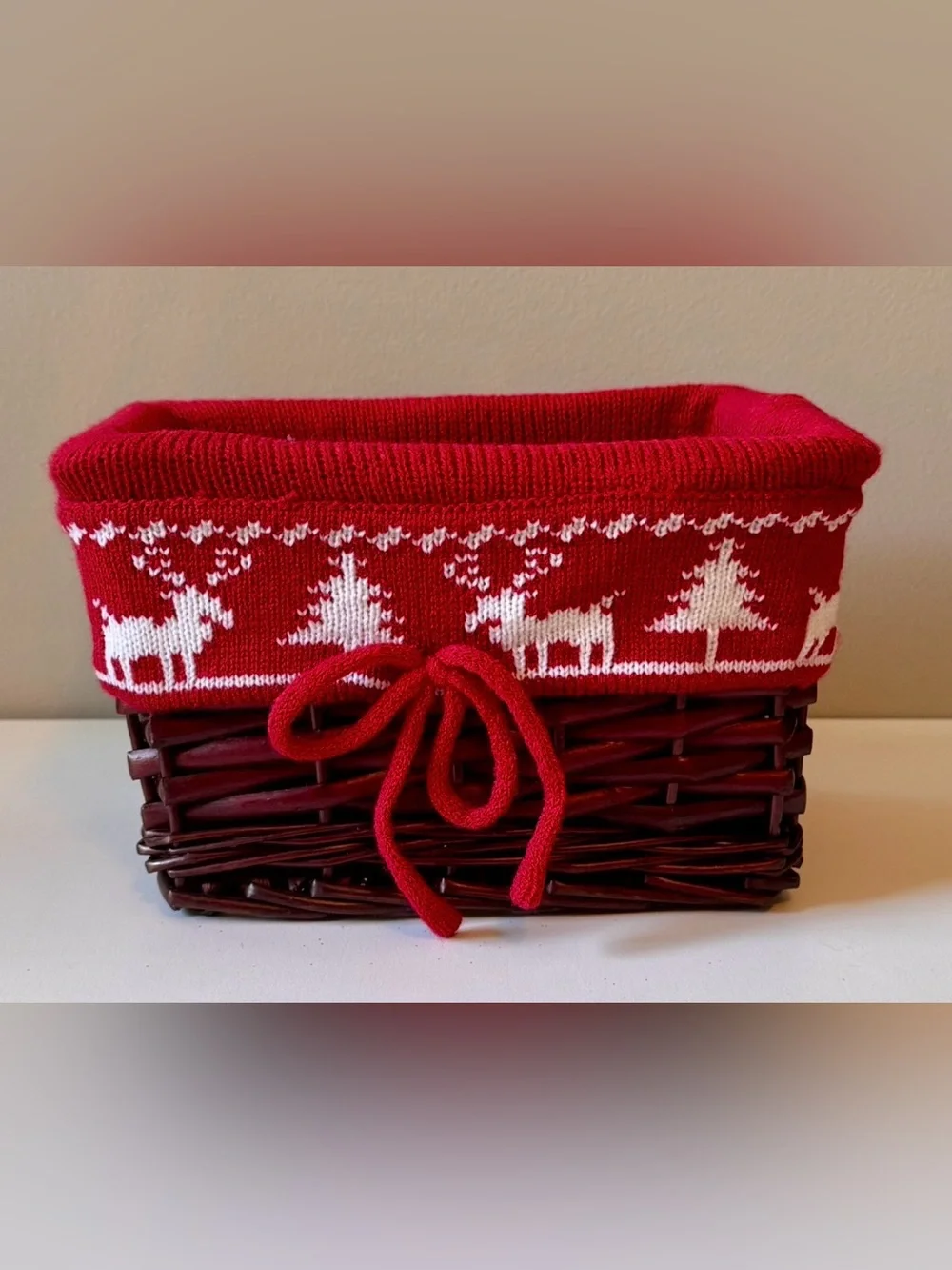 Red Holiday Woven Basket with Reindeer Knit Removable Liner
